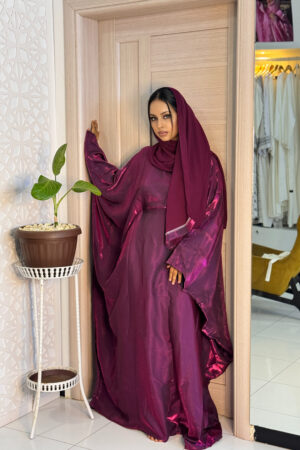 Abaya Rotana Shimmer - Elegant Two-Piece Set with Scarf, Deep Magenta