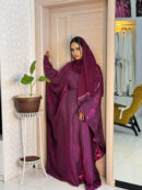 Abaya Rotana Shimmer - Elegant Two-Piece Set with Scarf, Deep Magenta