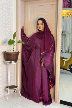 Abaya Rotana Shimmer - Elegant Two-Piece Set with Scarf, Deep Magenta