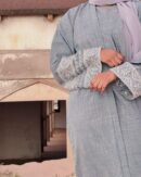 Abaya Amal – Elegant Bluish-Gray Three-Piece Linen Set with Geometric Embroidery | Modest & Sophisticated Women Fashion