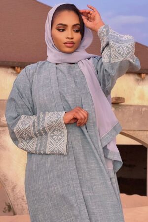 Abaya Amal – Elegant Bluish-Gray Three-Piece Linen Set with Geometric Embroidery | Modest & Sophisticated Women Fashion