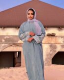 Abaya Amal – Elegant Bluish-Gray Three-Piece Linen Set with Geometric Embroidery | Modest & Sophisticated Women Fashion