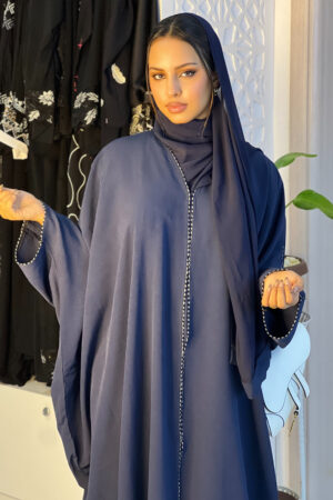 Abaya Dana – Navy Blue Two-Piece Set with Pearl Embellishments | Elegant Modest Women Wear