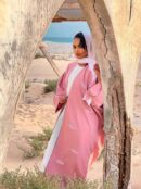 Abaya Dieynaba – Elegant Pastel Pink Three-Piece Set with Crown Embroidery | Modest & Sophisticated Women Fashion