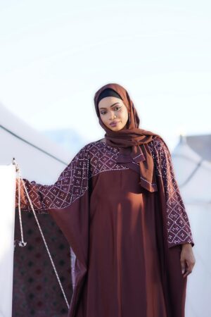 Abaya Fatima – Chocolate Brown & White Embroidered Two-Piece Set | Elegant Modest Women Wear