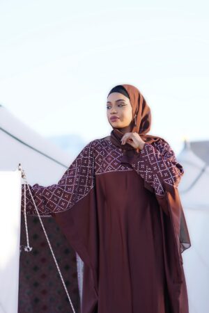 Abaya Fatima – Chocolate Brown & White Embroidered Two-Piece Set | Elegant Modest Women Wear