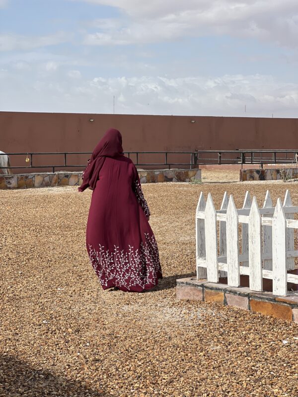 Abaya Jolita – Elegant Deep Burgundy Abaya with White Floral Embroidery, White CEY Dress & Indonesian Chiffon Scarf