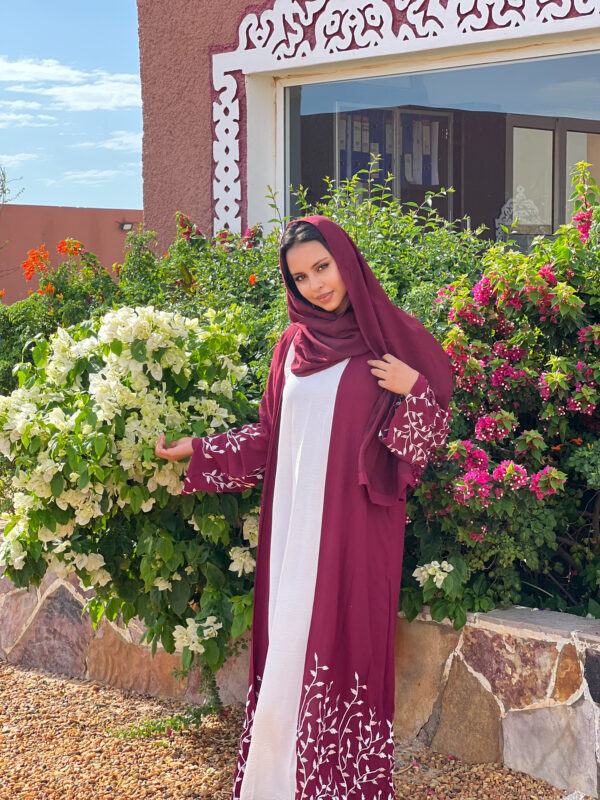 Abaya Jolita – Elegant Deep Burgundy Abaya with White Floral Embroidery, White CEY Dress & Indonesian Chiffon Scarf