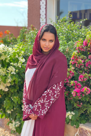 Abaya Jolita – Elegant Deep Burgundy Abaya with White Floral Embroidery, White CEY Dress & Indonesian Chiffon Scarf