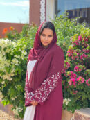 Abaya Jolita – Elegant Deep Burgundy Abaya with White Floral Embroidery, White CEY Dress & Indonesian Chiffon Scarf