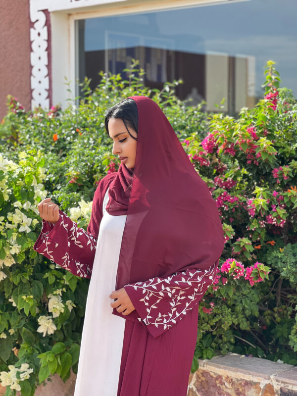 Abaya Jolita – Elegant Deep Burgundy Abaya with White Floral Embroidery, White CEY Dress & Indonesian Chiffon Scarf