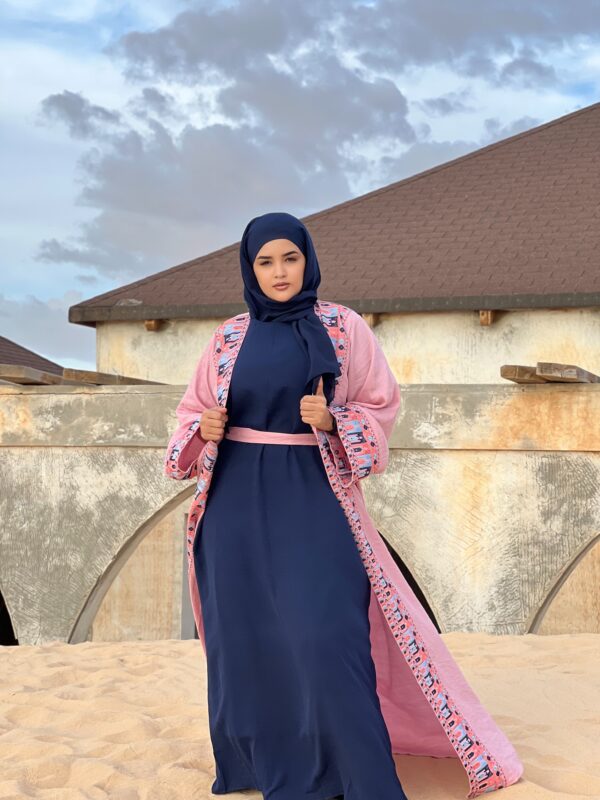 Abaya Kankoume – Pastel Pink Embroidered Abaya with Navy-Blue Dress & Matching Scarf | Women Abaya