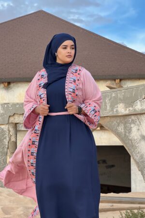 Abaya Kankoume – Pastel Pink Embroidered Abaya with Navy-Blue Dress & Matching Scarf | Women Abaya