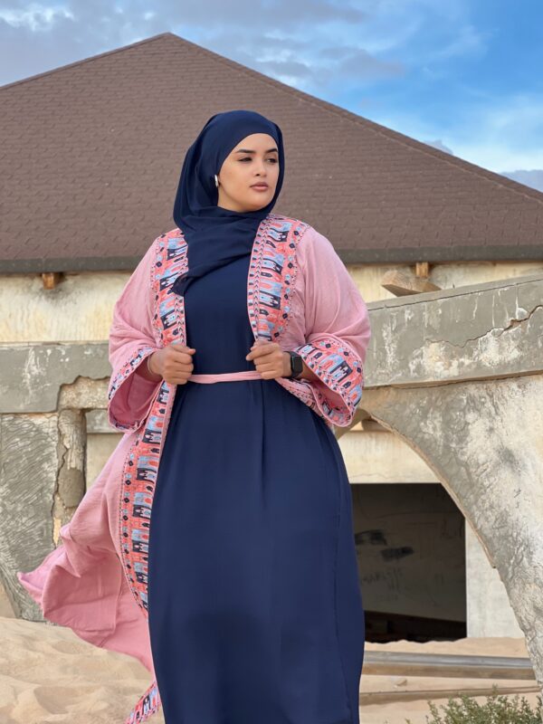 Abaya Kankoume – Pastel Pink Embroidered Abaya with Navy-Blue Dress & Matching Scarf | Women Abaya