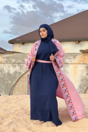 Abaya Kankoume – Pastel Pink Embroidered Abaya with Navy-Blue Dress & Matching Scarf | Women Abaya