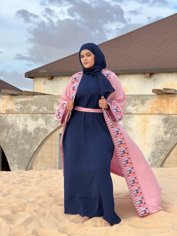 Abaya Kankoume – Pastel Pink Embroidered Abaya with Navy-Blue Dress & Matching Scarf | Women Abaya