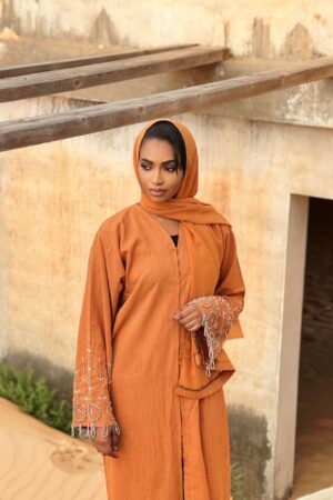 Abaya Kolo – Elegant Terracotta Linen Abaya with Silver Embroidery & Matching Scarf | Women Abaya