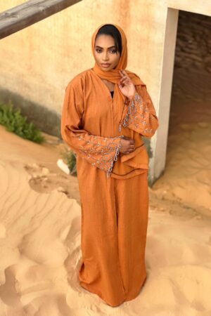 Abaya Kolo – Elegant Terracotta Linen Abaya with Silver Embroidery & Matching Scarf | Women Abaya