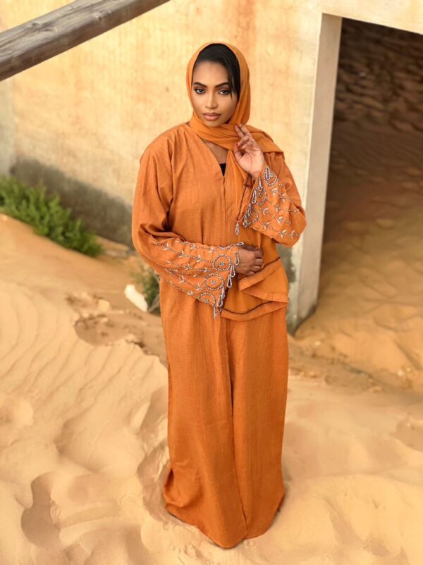 Abaya Kolo – Elegant Terracotta Linen Abaya with Silver Embroidery & Matching Scarf | Women Abaya