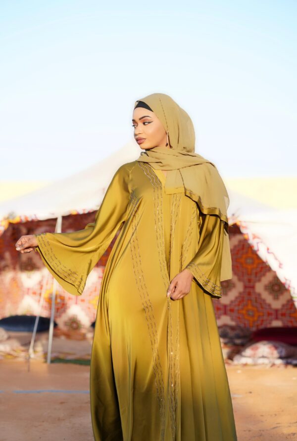 Abaya Laila – Mustard Yellow Shimmering Two-Piece Set | Elegant Dubai Abaya