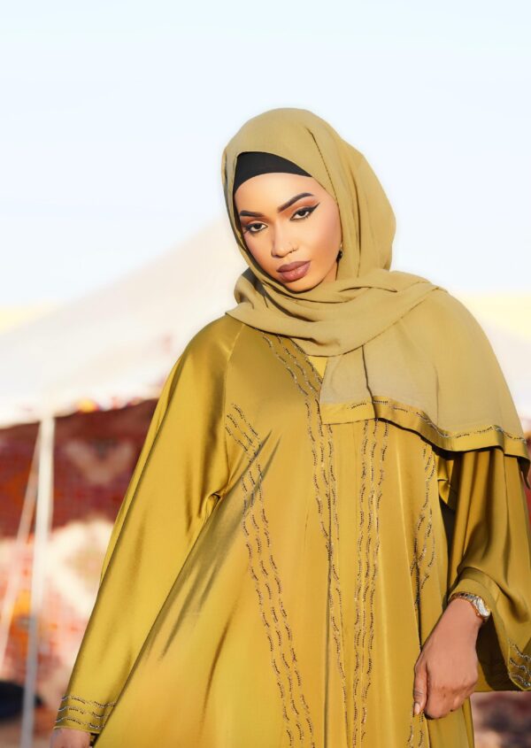 Abaya Laila – Mustard Yellow Shimmering Two-Piece Set | Elegant Dubai Abaya