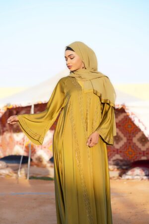 Abaya Laila – Mustard Yellow Shimmering Two-Piece Set | Elegant Dubai Abaya