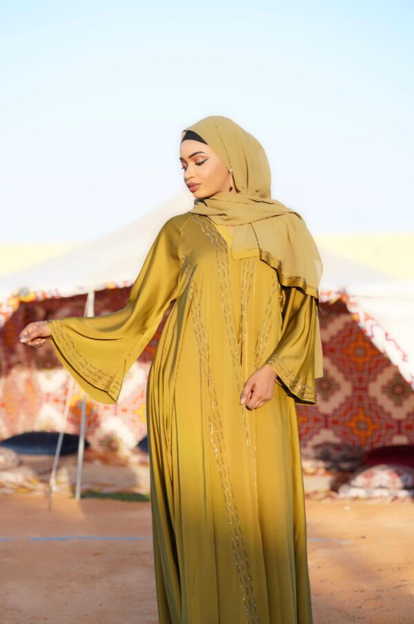 Abaya Laila – Mustard Yellow Shimmering Two-Piece Set | Elegant Dubai Abaya