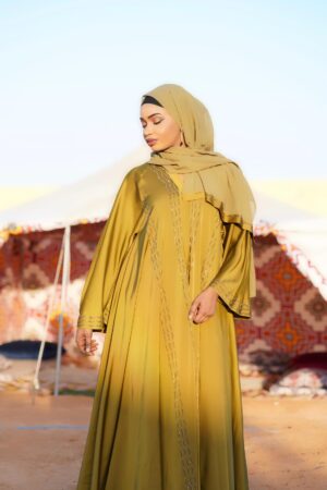 Abaya Laila – Mustard Yellow Shimmering Two-Piece Set | Elegant Dubai Abaya