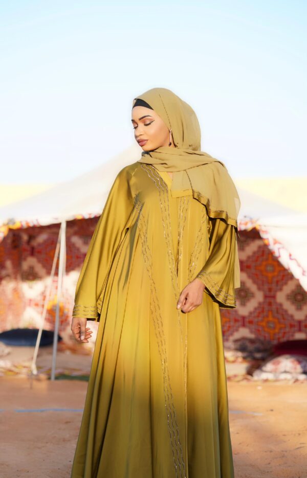 Abaya Laila – Mustard Yellow Shimmering Two-Piece Set | Elegant Dubai Abaya