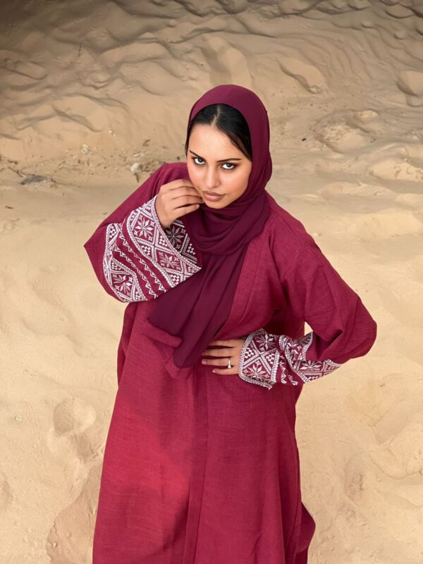 Abaya Layana – Elegant Burgundy Three-Piece Linen Set with Geometric Embroidery | Modest & Sophisticated Women Fashion