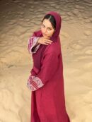 Abaya Layana – Elegant Burgundy Three-Piece Linen Set with Geometric Embroidery | Modest & Sophisticated Women Fashion