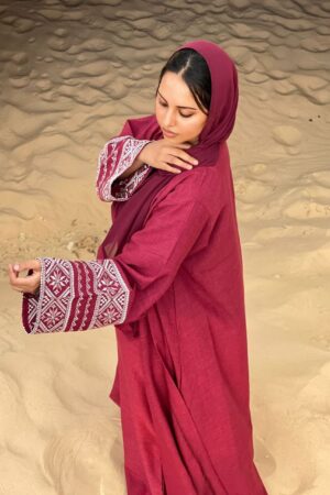 Abaya Layana – Elegant Burgundy Three-Piece Linen Set with Geometric Embroidery | Modest & Sophisticated Women Fashion