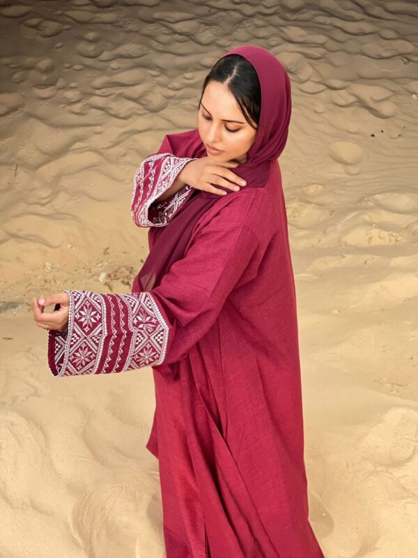 Abaya Layana – Elegant Burgundy Three-Piece Linen Set with Geometric Embroidery | Modest & Sophisticated Women Fashion