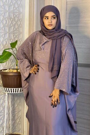 Abaya Nour – Violet & Gold Shimmer Two-Piece Set | Elegant Women Evening Abaya