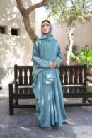 Abaya Rania - Elegant Teal Blue Three-Piece Abaya Set – T T Velvet Abaya, Dress & Scarf | Luxury Modest Wear