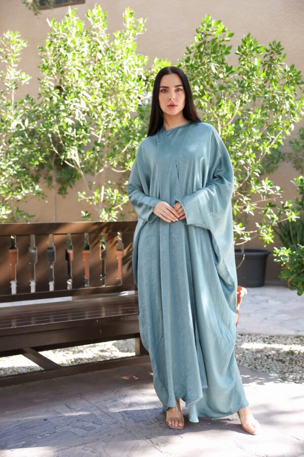 Abaya Rania - Elegant Teal Blue Three-Piece Abaya Set – T T Velvet Abaya, Dress & Scarf | Luxury Modest Wear