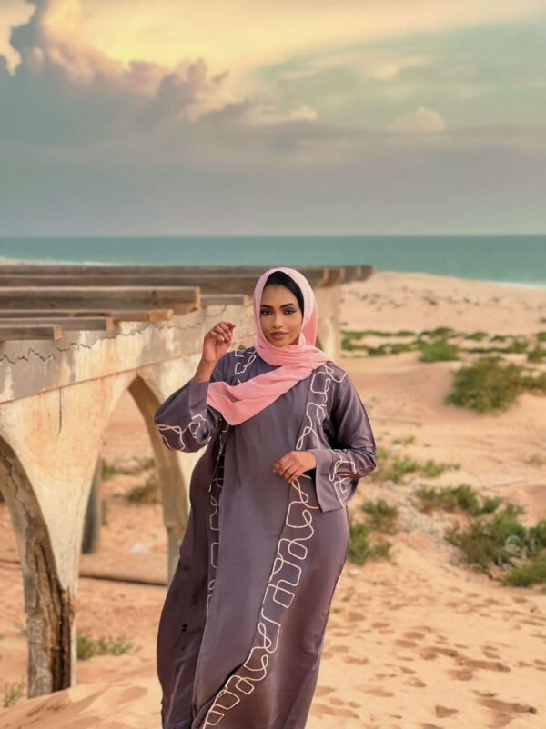 Abaya Salma – Taupe Violet & Pastel Pink Embroidered Two-Piece Set | Elegant Modest Women Wear