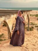 Abaya Salma – Taupe Violet & Pastel Pink Embroidered Two-Piece Set | Elegant Modest Women Wear