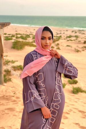 Abaya Salma – Taupe Violet & Pastel Pink Embroidered Two-Piece Set | Elegant Modest Women Wear