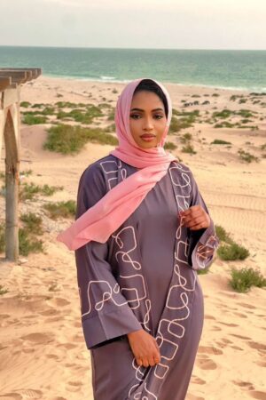 Abaya Salma – Taupe Violet & Pastel Pink Embroidered Two-Piece Set | Elegant Modest Women Wear