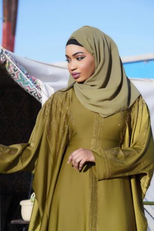 Abaya Yasmin – Olive Green & Gold Shimmer Two-Piece Set | Elegant Modest Wear