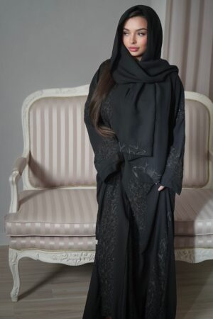 Abaya Layali 3 Piece Set – Black Embroidered Chiffon Abaya with Satin Inner Dress & Scarf, Elegant Modest Islamic Outfit for Women