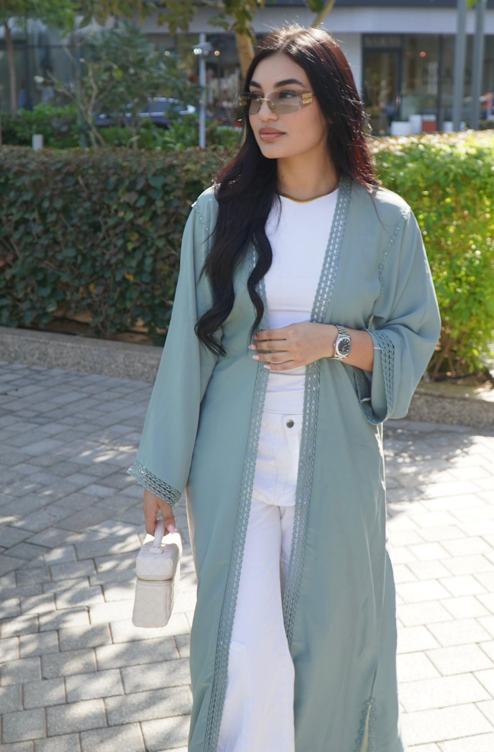 Abaya Lina 3 Piece Set – Sage Green Modest Abaya with Inner Dress & Scarf, Elegant Open Abaya, Luxury Islamic Clothing for Women