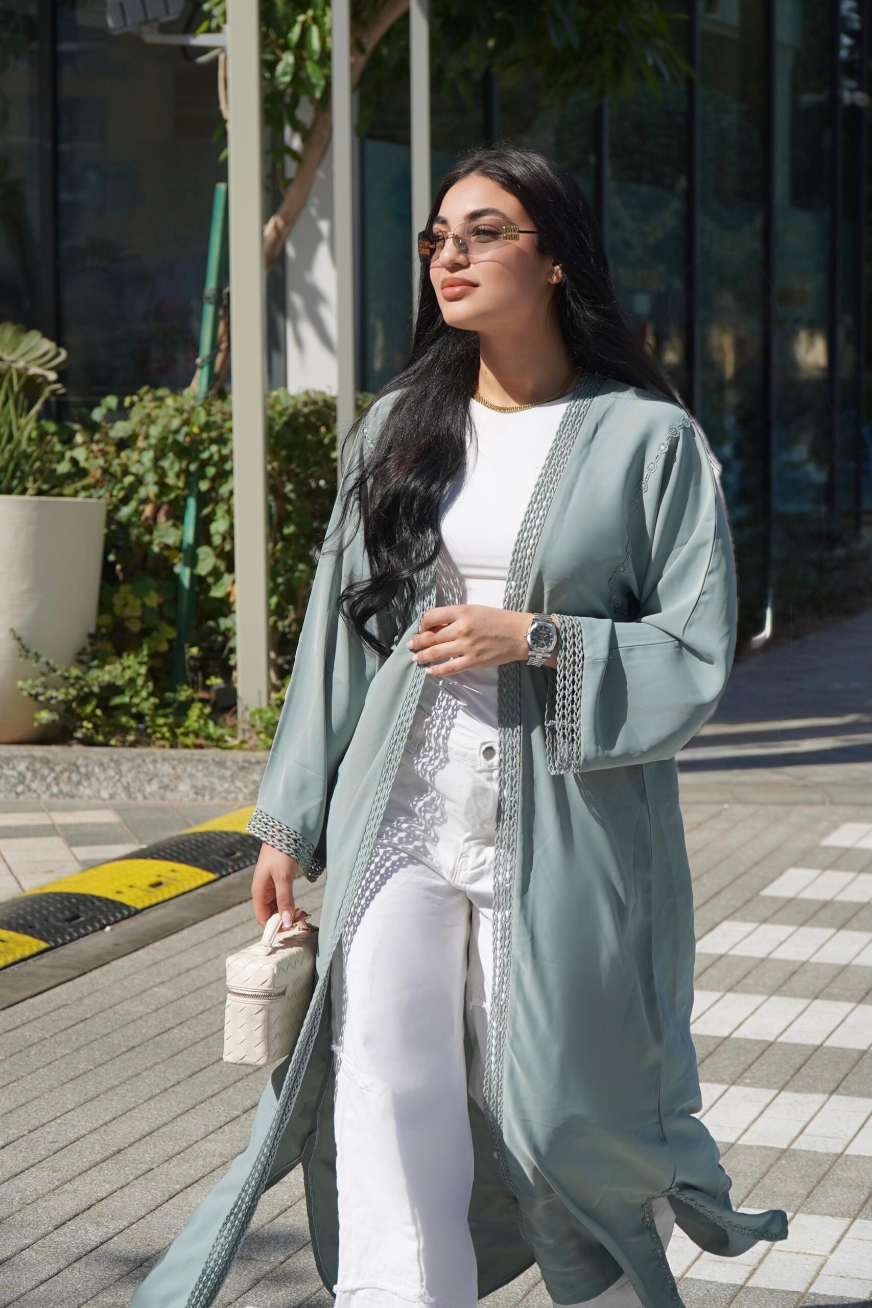 Abaya Lina 3 Piece Set – Sage Green Modest Abaya with Inner Dress & Scarf, Elegant Open Abaya, Luxury Islamic Clothing for Women