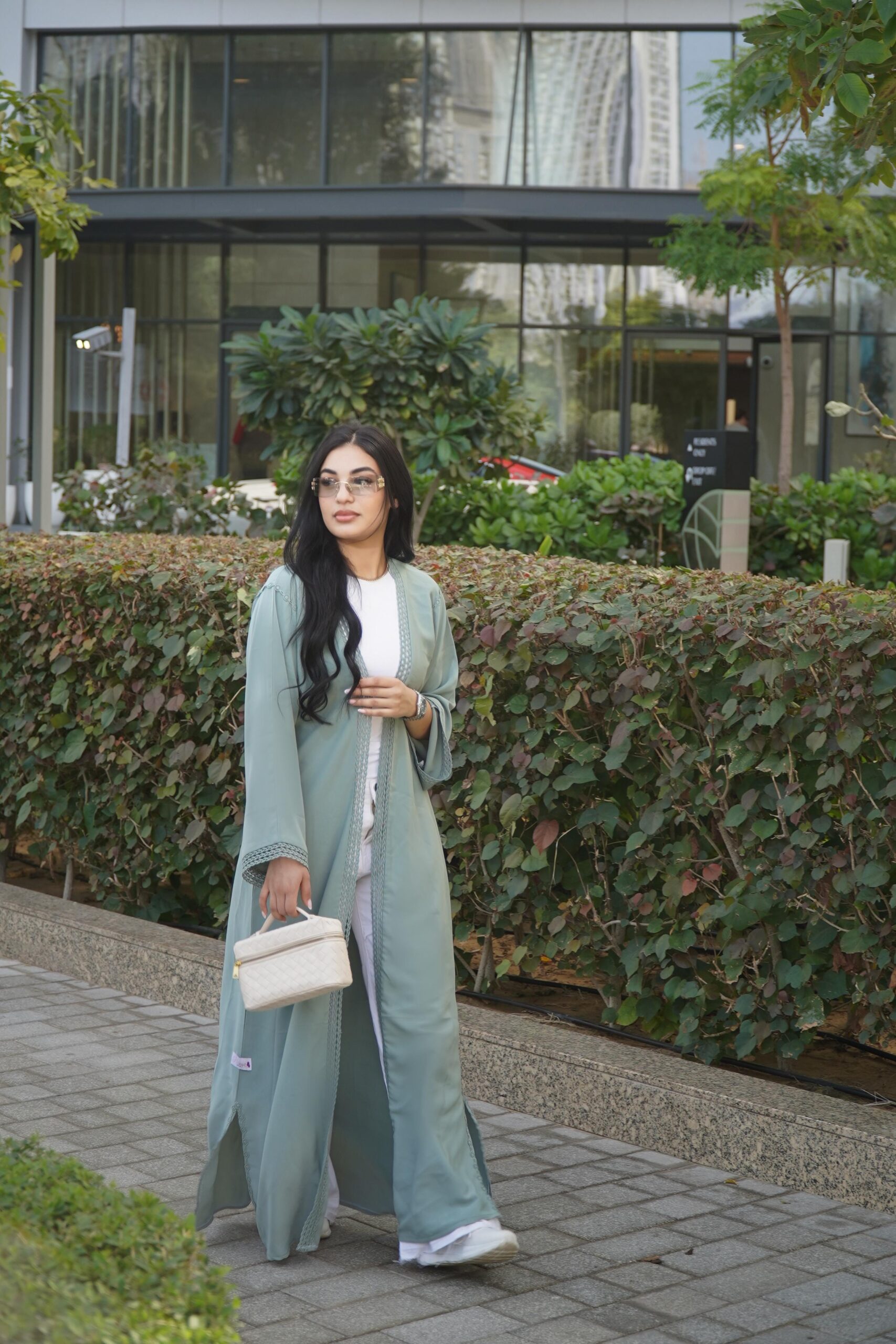Abaya Lina 3 Piece Set – Sage Green Modest Abaya with Inner Dress & Scarf, Elegant Open Abaya, Luxury Islamic Clothing for Women