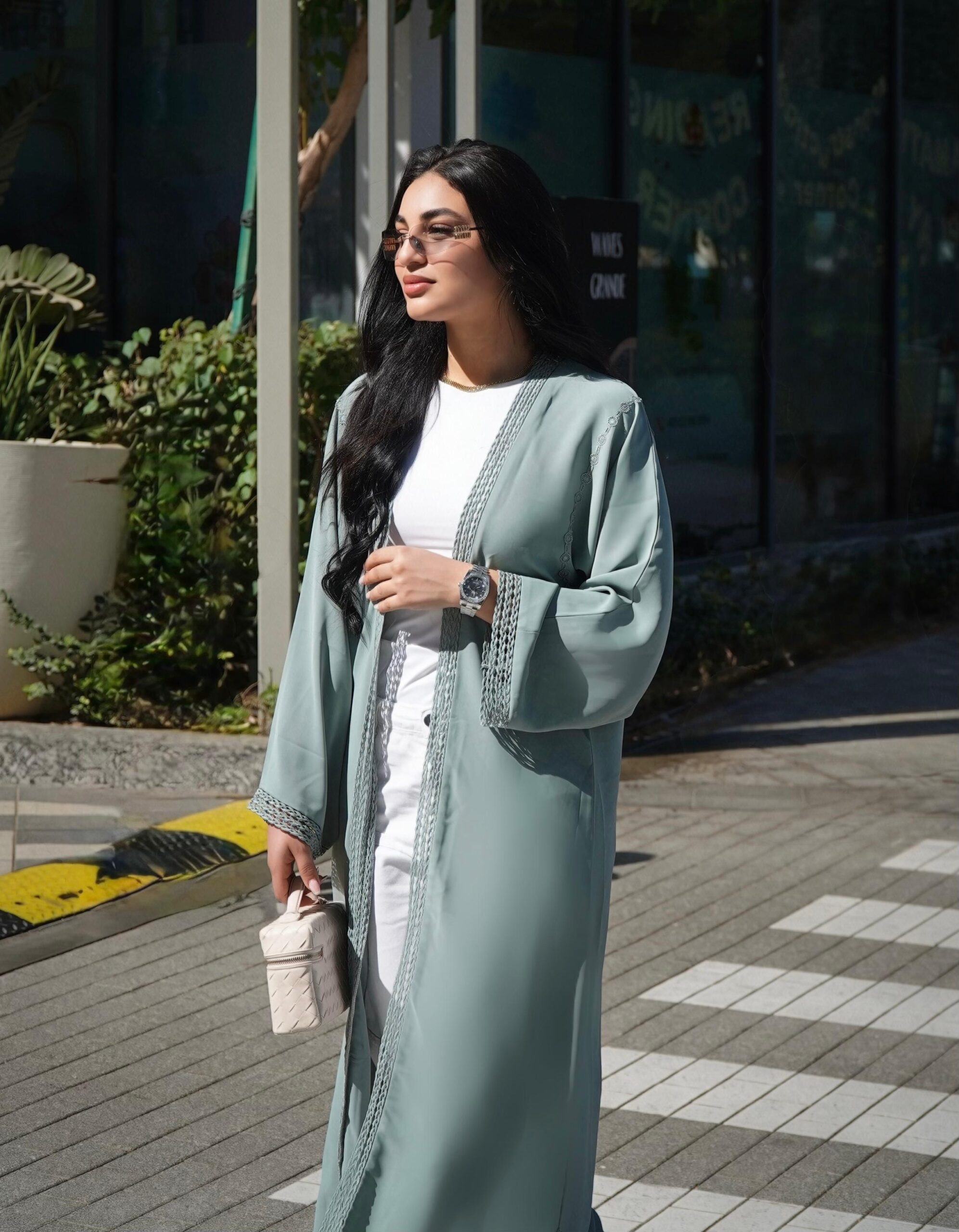 Abaya Lina 3 Piece Set – Sage Green Modest Abaya with Inner Dress & Scarf, Elegant Open Abaya, Luxury Islamic Clothing for Women