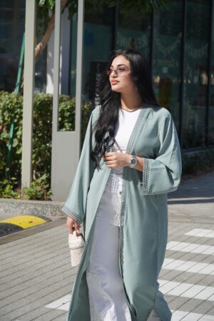 Abaya Lina 3 Piece Set – Sage Green Modest Abaya with Inner Dress & Scarf, Elegant Open Abaya, Luxury Islamic Clothing for Women