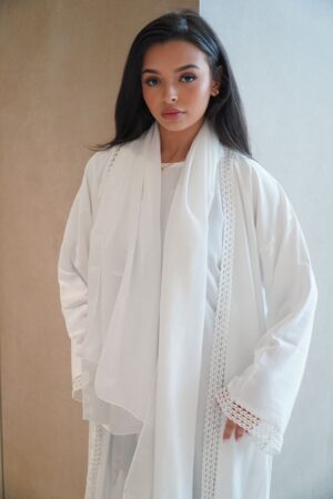 Abaya Safiya 3 Piece Set – White Modest Abaya with Inner Dress & Chiffon Scarf, Elegant Open Abaya, Islamic Clothing for Women, Eid Occasion Wear