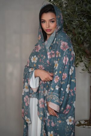 Abaya Youguiha 3 Piece Set – Teal Floral Chiffon Abaya with CEY Inner Dress & Matching Scarf, Elegant Modest Islamic Outfit for Women