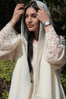 Abaya Zahra 3 Piece Set – Cream Beige Modest Abaya with Inner Dress & Scarf, Lace Sleeve Open Abaya, Elegant Islamic Outfit for Women